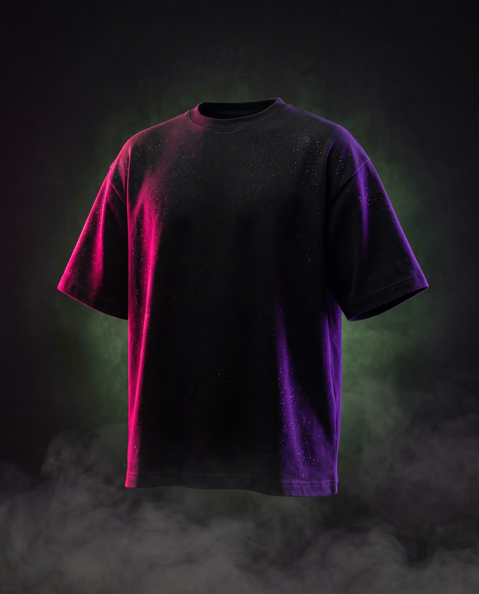 Black heavyweight boxy tee lit by pink and violet neon.