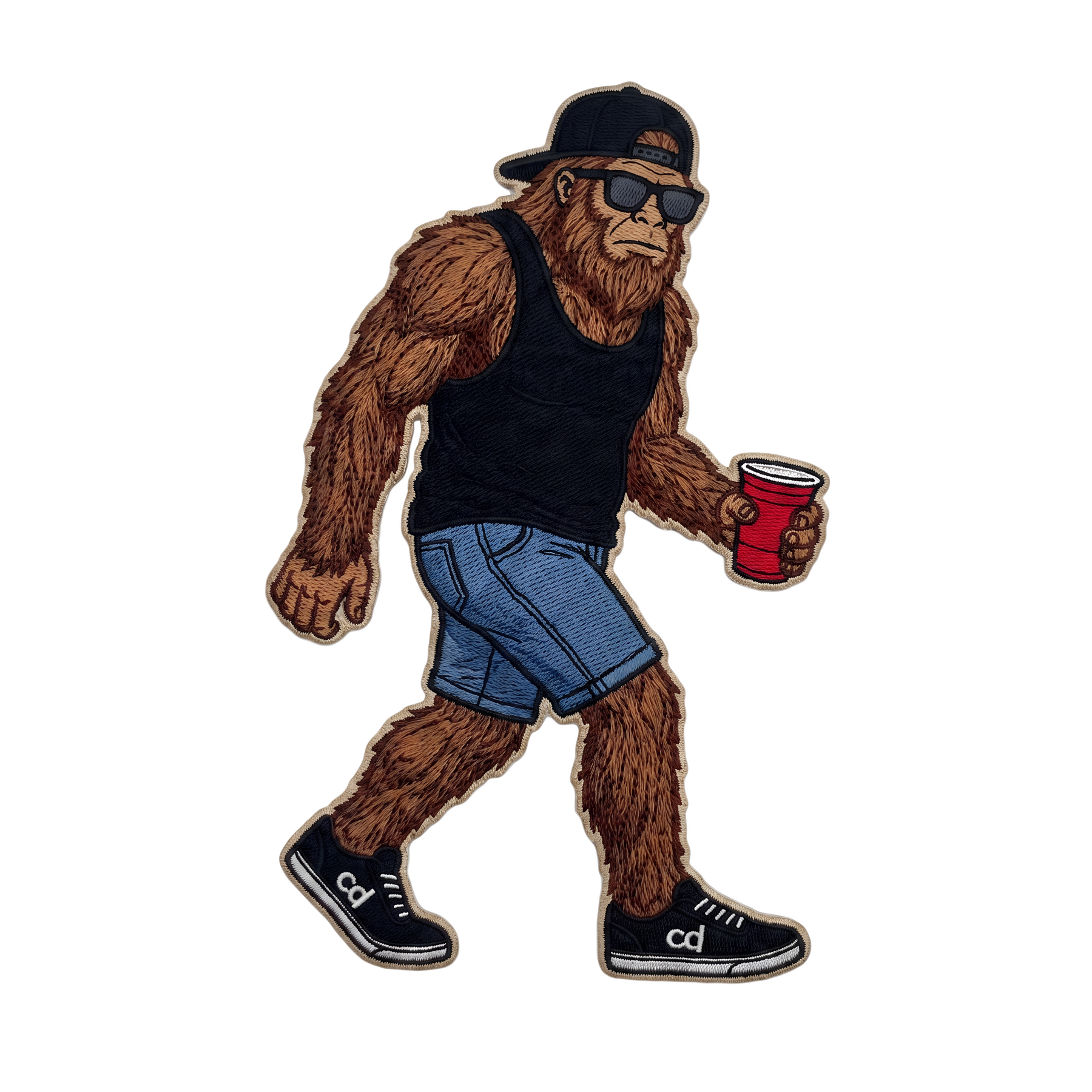 The Chucksquatch: sasquatch in backwards cap and sunglasses with a red cup.