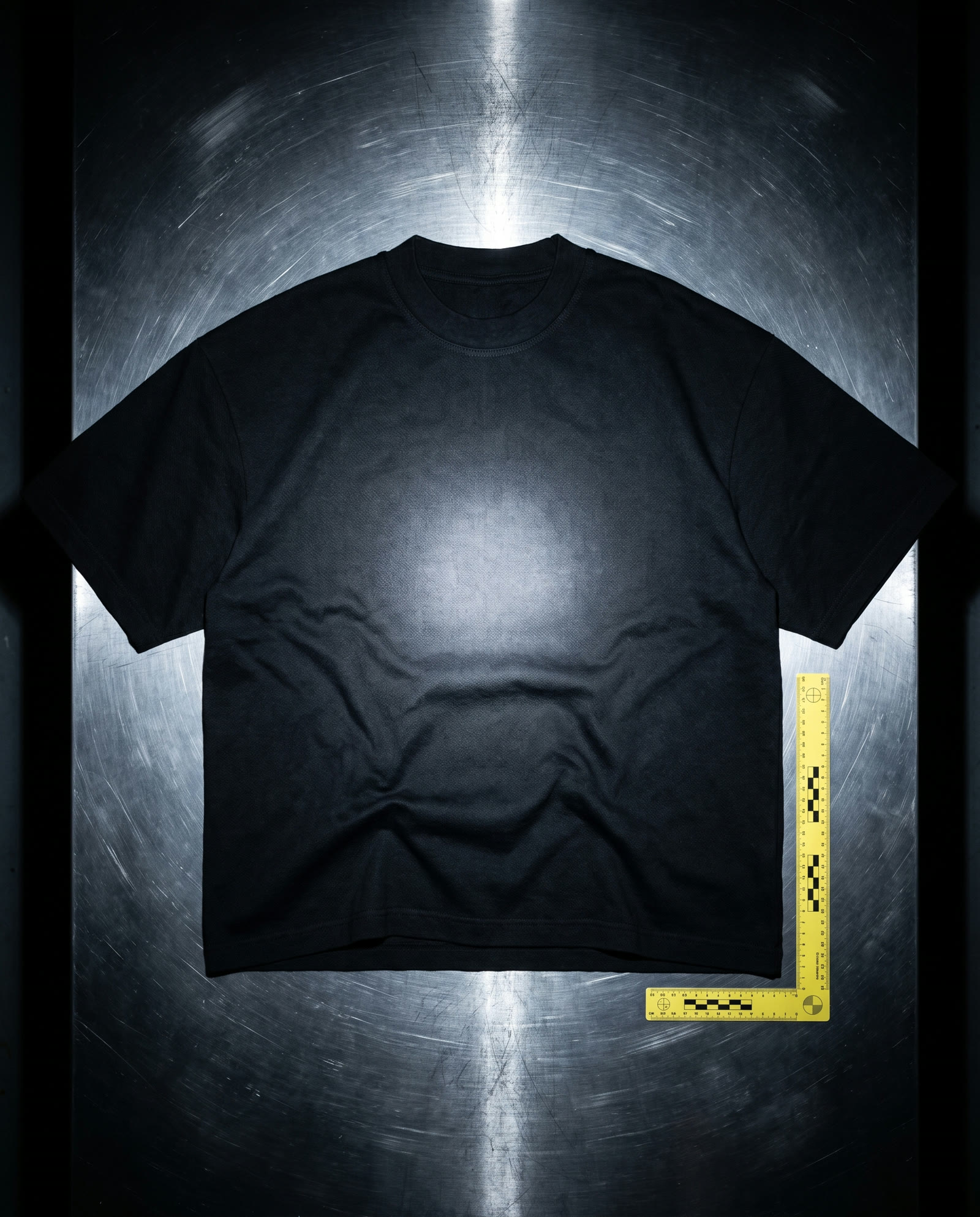 Black heavyweight boxy tee photographed with harsh flash on a steel evidence table.