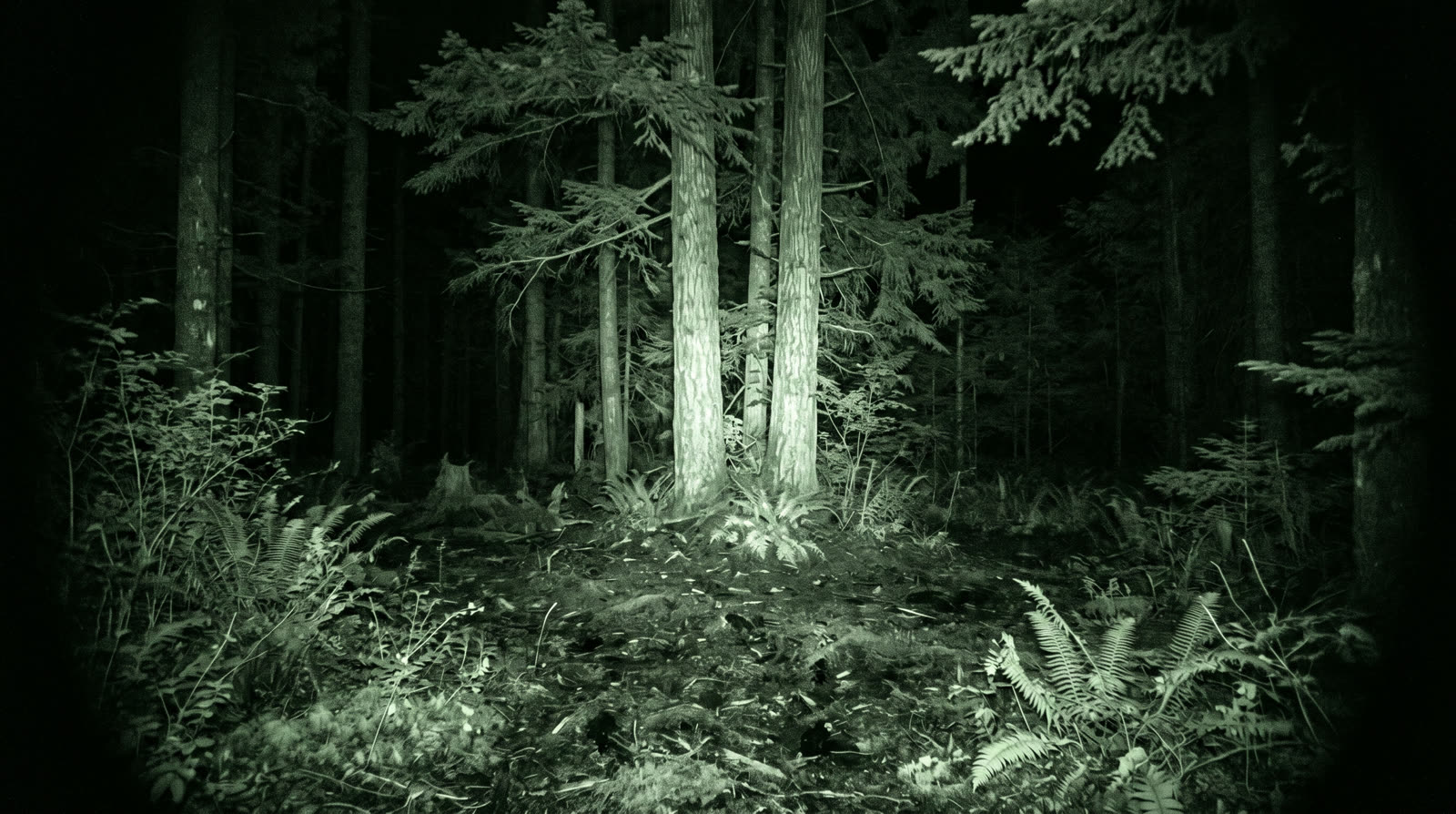 Night-vision trail camera frame of a forest clearing.