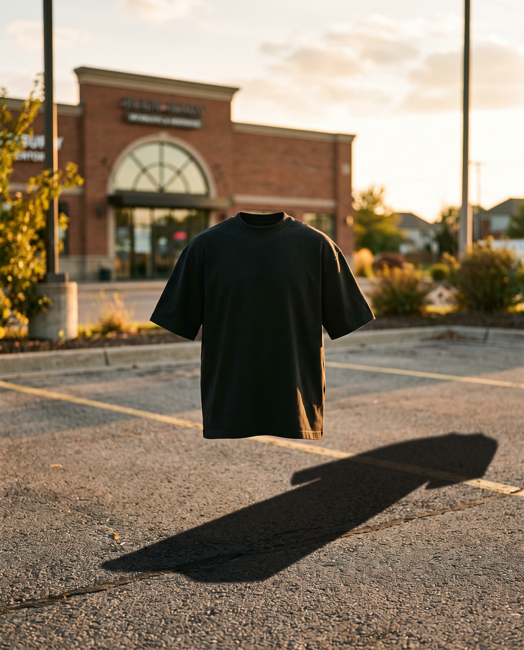 Black tee on ghost mannequin in a golden-hour parking lot.