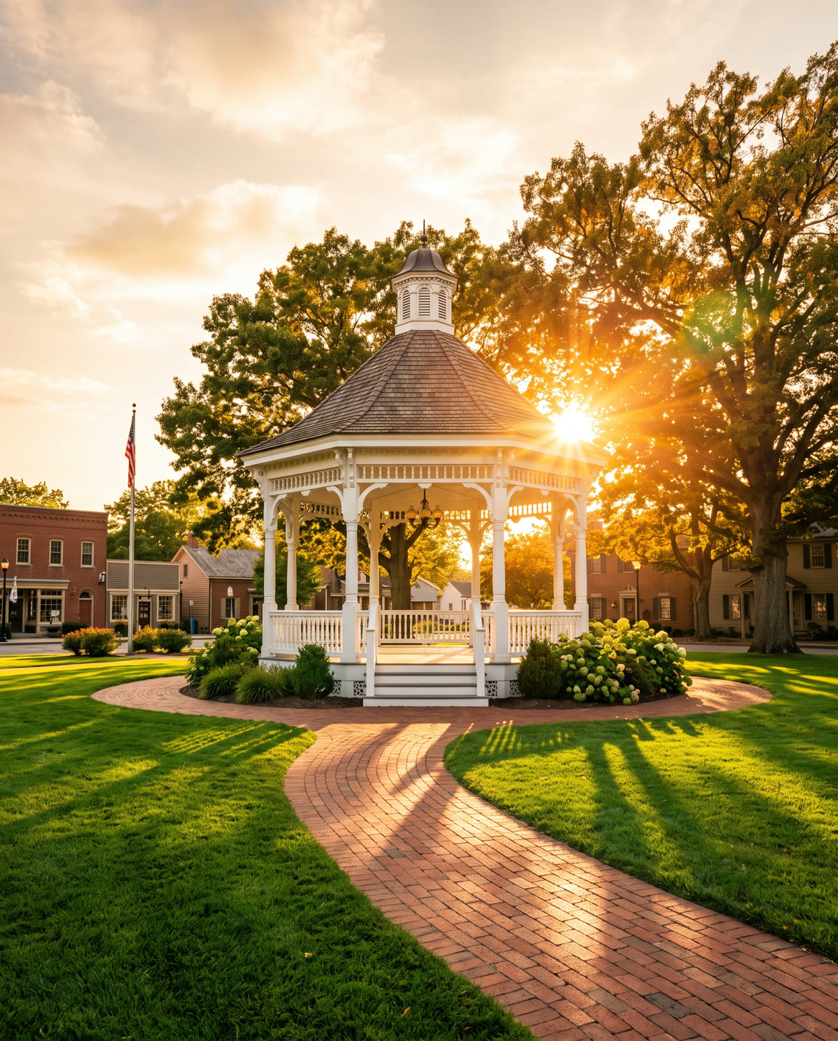 White gazebo in a town square at golden hour.