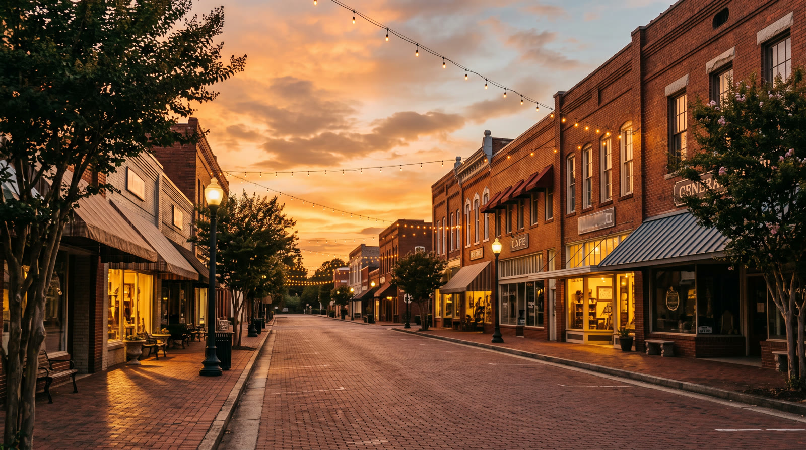 Brick main street with string lights at dusk.