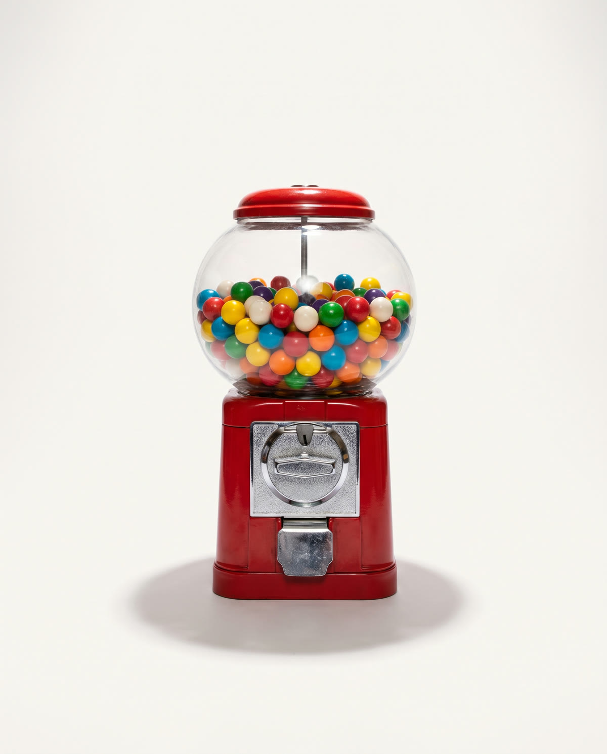 Vintage red gumball machine, studio flash on white.